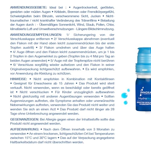 INNOXA Laboratoires - Blaue Formel Augentropfen - Aufhellung des Augenweiß – Befeuchtet gerötete und müde Augen – Originalformel – Made in France – Ohne Konservierungsstoffe - 2x10 ml