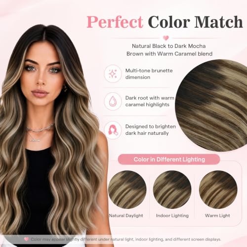 Image of Moresoo Clip in Hair Extensions Human Hair, 14inch 120g 7pcs, PU Skin Weft | Clip in hair extensions real hair, natural black to mocha brown and warm caramel, for trend users, natural blending volume