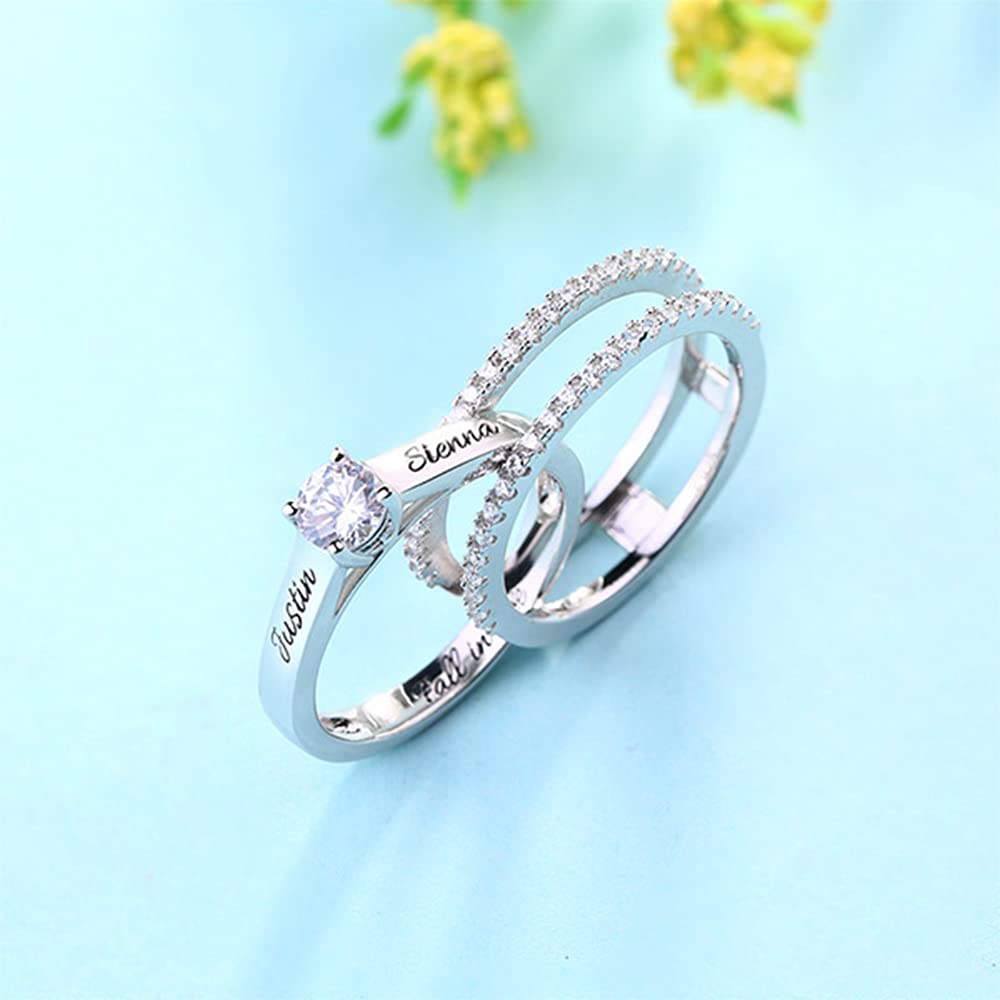 Anillos de eternidad de corazón personalizados para mujer con circonita cúbica de plata de ley 925 con nombre personalizado, grabado de compromiso, aniversario, boda, regalo para mujer