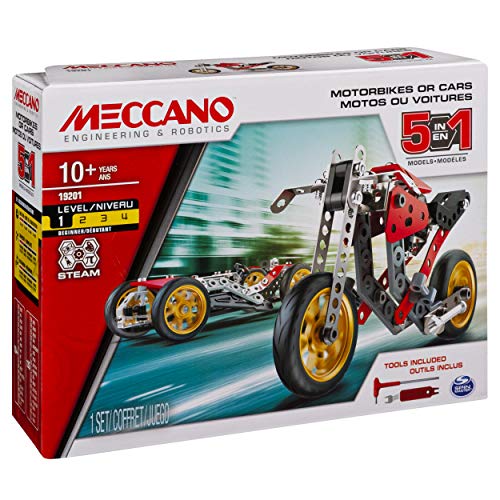 51f6sbw3y1L MECCANO - VOITURE ET MOTO 5 MODÈLES - Coffret Inventions Avec 132 Pièces Et 2 Outils - Jeu de Construction - 5 Modèles Différents de Véhicules à Construire - 6053371 - Jouet Enfant 10 Ans et +
