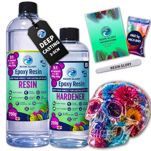 Resin Glory 3:1 Ratio Deep Pour Epoxy Resin Kit 1kg Clear Casting Resin for Crafts & Art Non-Yellowing Bubble-Free Heat Resistant for Moulds Wood Jewellery & Resin Art (1 kg Set)