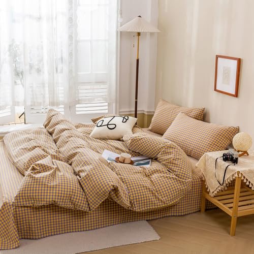 Image of LifeTB Gingham Comforter Set Full Modern Style Purple Yellow Grid Plaid Comforter Set Soft Fluffy Checkered Pattern Comforter with 2 Pillowcases Farmhouse Gingham Grid Bedding Comforter Breathable