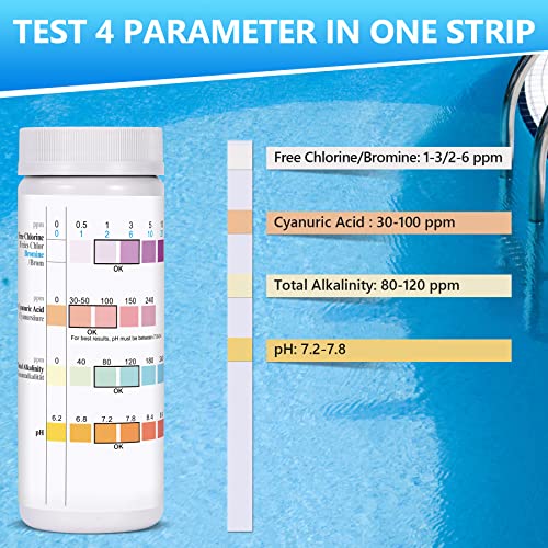 4 In 1 Pool Test Strips, 150 Strips Swimming Pool And Spa Test Strips For Hot Tubs, Freshwater Saltwater Pool Test Kit Accurate Testing Chlorine, Alkalinity, Cyanuric Acid & Ph #TOP3