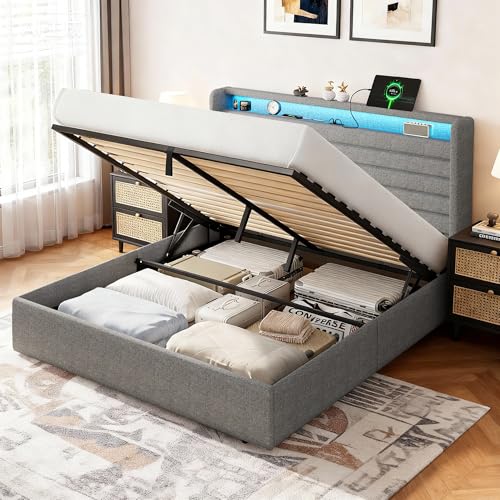 Feonase Bett 140x200 mit Stauraum Kopfteil & Hydraulischem Stauraum, Polsterbett 140x200cm Doppelbett mit Leinen Kopfteil, Bettgestell mit Lattenrost, Ohne Matratze, Hellgrau