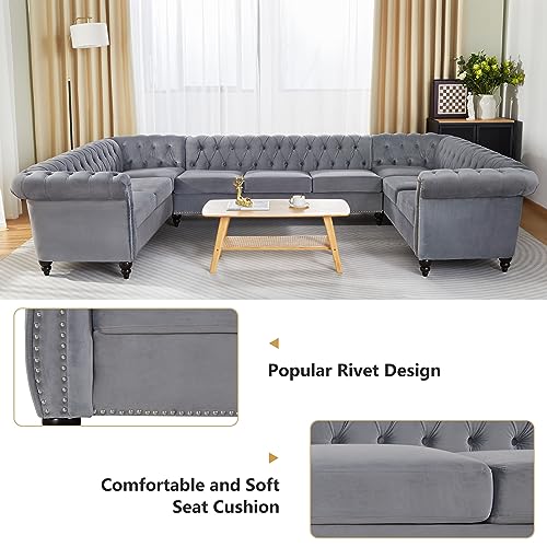 Image of QHITTY U-Shaped Sofa, Sectional Chesterfield Velvet Couch 9-Seater Upholstered Large Accent Tufted Sofa with Rolled Armrest and Nailhead Design for Living Room, Apartment, Office (Grey)
