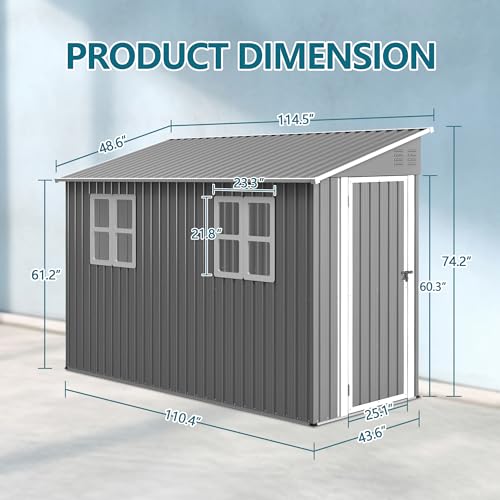 Image of YOPTO 4x10 FT Lean to Outdoor Storage Shed with Floor Kit,Metal Shed W /Left /Right Optional Lockable Door & 2 Windows,Garden Tool Storage House W /Air Vents & Sloping Roof,for Backyard,Patio,Gray
