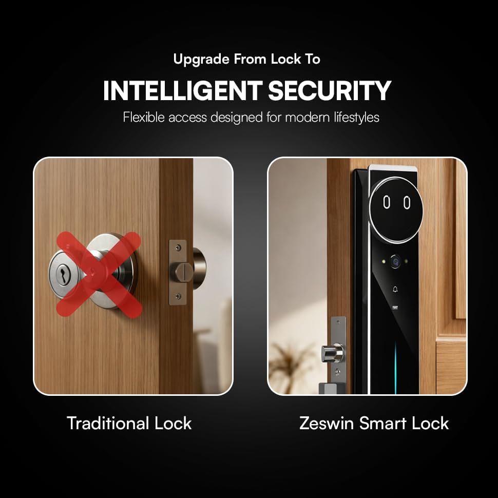 Image of Shield Supreme AI Smart Door Lock with Video & Night Vision, 10 Ways Unlock - Face, Palm, Fingerprint, RFID, PIN, App & Video Call, Alexa & Google Home Compatible Smart Lock for Home & Office
