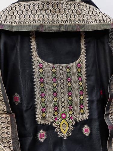 Image of Chanderi Suit Vol 5 | Pure Chanderi Banarasi Silk (3m) | Soft Cotton Bottom (2.5m) | Woven Chanderi Banarasi Silk Dupatta (2.3m) with Tassels, Unstitched Material, Fits up to 60 inch, Length 48