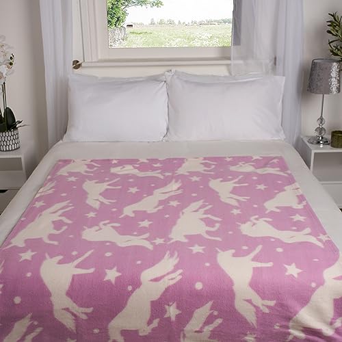 Dreamscene Unicorn Blanket Fleece Throw Over Twin Bed Blanket For Girls Kids Adult Baby Bed Couch Soft Plush Sofa Warm Soft, Throw Blanket White Stars And Unicorn 50" X 60" Blush Pink #TOP3