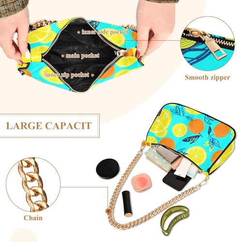 Zipper Ladies Shoulder Bag Floral Lemon Slices Orange Leaves Blue Tote Handbags Printed Womens Hobo Clutch Purse with Chain Strap4