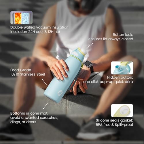 Image of Fjbottle 32oz Stainless Steel Insulated Water Bottle No Straw Spout Lid | Leakproof Keeps Cold 24H, Double Wall Vacuum Insulated, BPA Free, Easy to Clean Sports Water Bottle for Gym Hiking & Outdoor