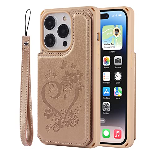 Image of Cavor for iPhone 14 Pro Case with Card Holder,for iPhone 14 Pro Wallet Case for Women Men,Phone Case for iPhone 14 pro with Stand Credit Card Holder, Leather Strap Shockproof Cover- Golden