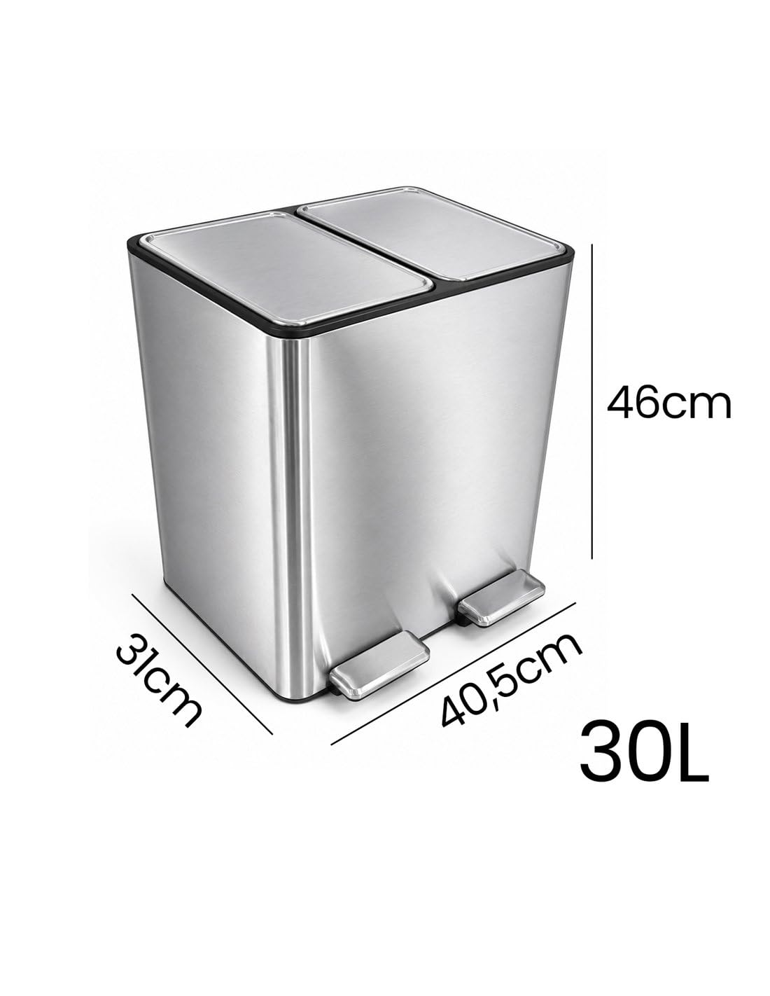 Jardin202 - Cubo reciclaje doble pedal | Acero Inoxidable y Negro Mate | Cubo de Basura Doble Compartimento | Para Cocina y Exterior | 30 litros (Plata)