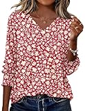 Rapbin Bluse Damen 3/4 Arm Shirt V-Ausschnitt Tunika Sommer Tops Slim fit Shirt Elegant Lässig Oberteil mit Knopfleiste 2026 Blumen-Gelben L