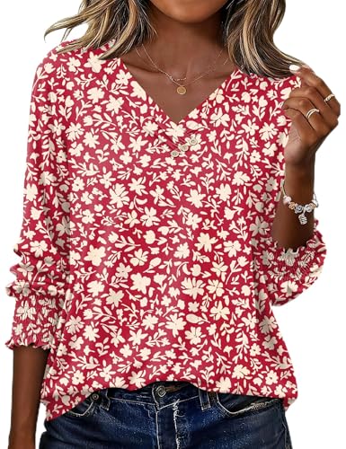 Rapbin Women's Tops Casual V Neck 3/4 Sleeve T-Shirt Tunic Shirts for Work Red Apricot Floral M