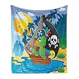 Lunarable Parrots Throw Blanket, Image with Pirate Parrot Theme Boat Danger Skull Crossbones Hat Sun Comic Cartoon, Flannel Fleece Accent Piece Soft Couch Cover for Adults, 50' x 60', Yellow Blue
