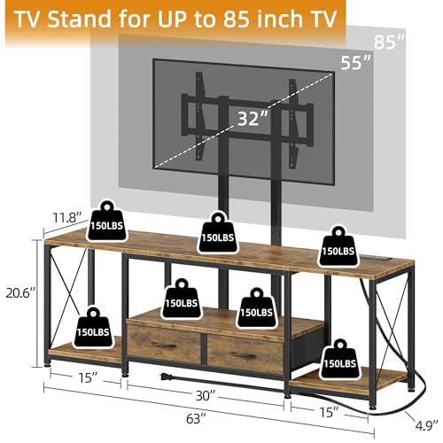 Image of LED TV Stand with Mount and Power Outlet & Fabric Drawers for 32-85 Inches TV - Entertainment Center and Industrial TV Console Table for Living Room , Bedroom 63 inch Rustic Brown (MAX VESA 600mm x 400mm)
