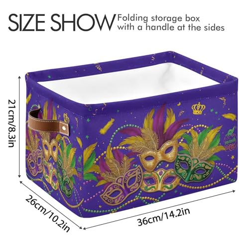 Image of Mardi Gras Purple Storage Basket with Waterproof Liner and PU Handles Masquerade Mask Fleur de Lis Storage Bins Boxes 14.2 inch Collapsible Decorative Organizer Baskets for Bedroom Closet Office 1 Pack