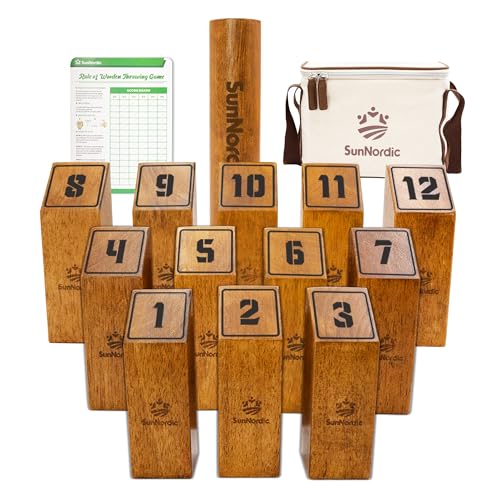 SunNordic Kubb Wikingerspiel, Skandinavisches Wurfspiel für Kinder & Erwachsene, 12 Premium Gummiholz Pins & Stab, Outdoor Rasenspiel für Familie