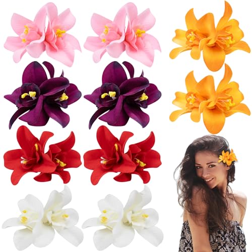 10 Pièces Hawaii Fleur Pince Cheveux Femme, été Barrette Cheveux Fleurs Fille, Orchidées Doubles Pince à Cheveux Fleur Clip pour Coiffure de Carnaval Danseuse Piscine Plage Fête Mariage