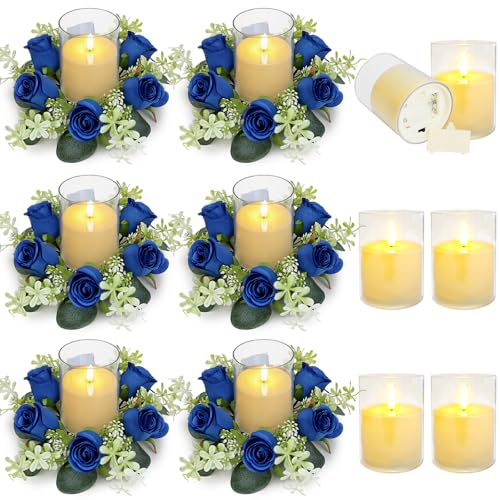 Tobilu 6 Sets Artificial Roses Candle Rings with LED Candles Royal Blue