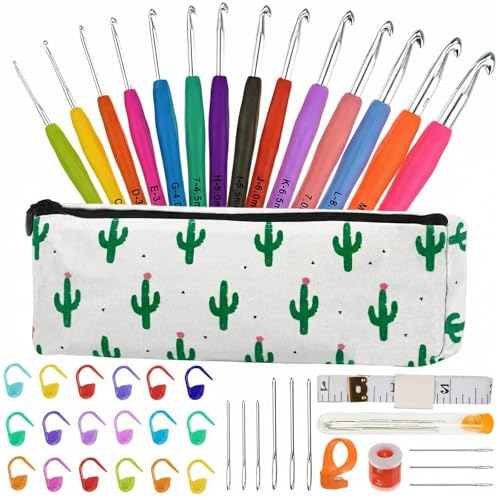 Crochet Hooks Set 14 Sizes Crochet Kit for Beginners Adults Knitting Accessories Tools with Case Aluminum Crochet Needles 2.0mm-10.0mm Ergonomic Grip for Arthritic Hands Gift
