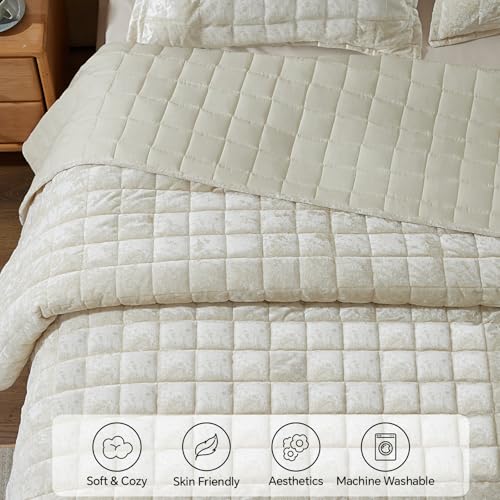 BEDELITE Velvet Quilt Set King Size - Luxury Velvet Comforter Bedding Set 3 Pieces, Soft Cozy Cream White Oversized Bedspread Coverlet for All Seasons with 2 Pillow Shams