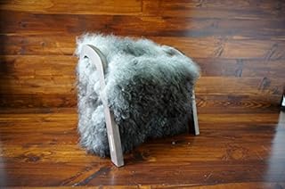 MILABERT Oak wood Magazine Rack with genuine dark silver Norwegian Pelssau sheepskin rug - soft curly wool - Design Furniture (MR13)