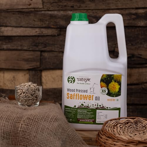 Image of S Siddhagiri's SATVYK THE HEALTH re STORE Wood Pressed Safflower Oil (5Ltr Can) - | Unrefined | Kachi Ghani Kardai Tel | Kolhu Safflower Oil | Extracted on Wooden Churner | Ideal Oil for Cooking
