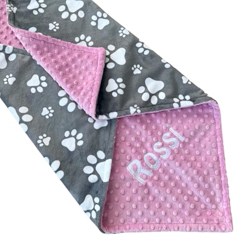 Modern Momma Handmade Personalized Paw Print Pet Blanket, Custom Name Embroidered Minky Dog Blanket, Soft Puppy Snuggle Throw, 6 Sizes