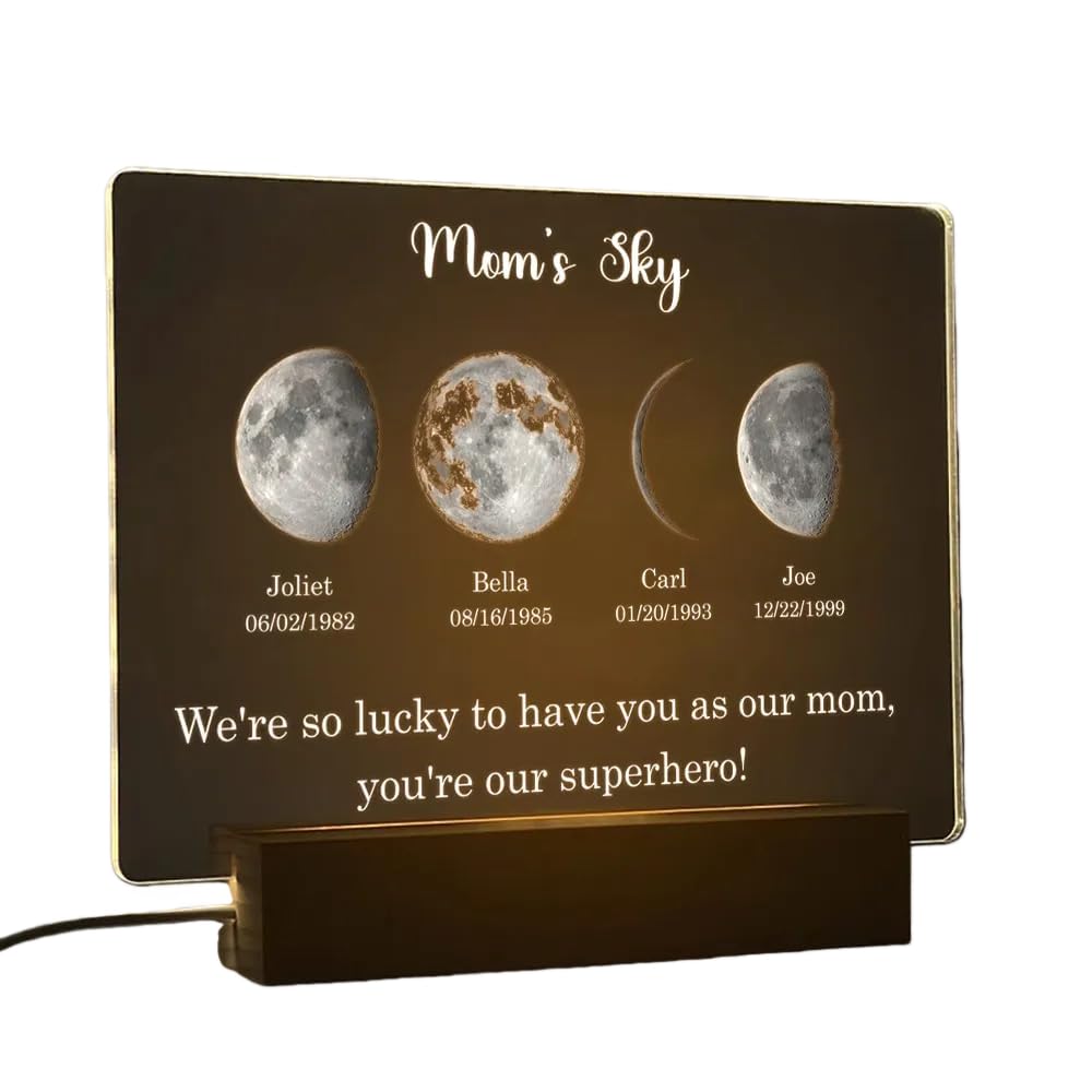 Custom Moms Sky Moons Lighted Moon Picture Acrylic Plate with Kids Names and Birthdate Personalized Birth Moon Phase Led Light Mother's Universe