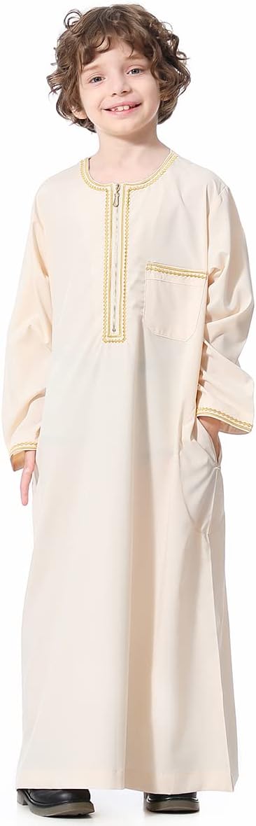 IMEKIS Kids Thobe for Muslim Boys Arab Tobes Long Sleeve Kaftan Embroidered Robe with Pockets Islamic Arabic Abaya Clothes