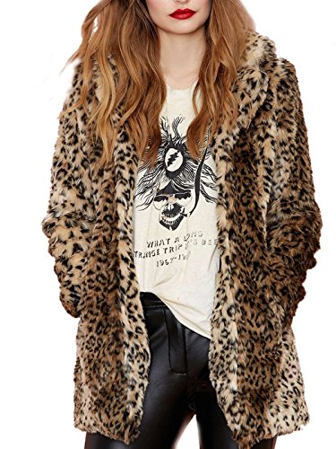 Aukmla Women's Faux Fur Coat Leopard Printed Mid-Length Lapel Jacket with Pockets (XL Size)