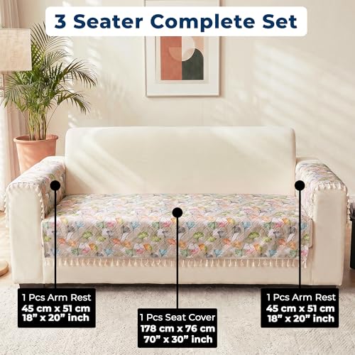Image of Story@Home Quilted Anti Slip Sofa Cover Mat with 2 Armrest Cover, 3 Seater Velvet Sofa Protector with Tassels | Sofa Cover Mat for 1 /2 /3 Seater & L-Shape Sofa - 76 x 178 Cm - White & Multi Color