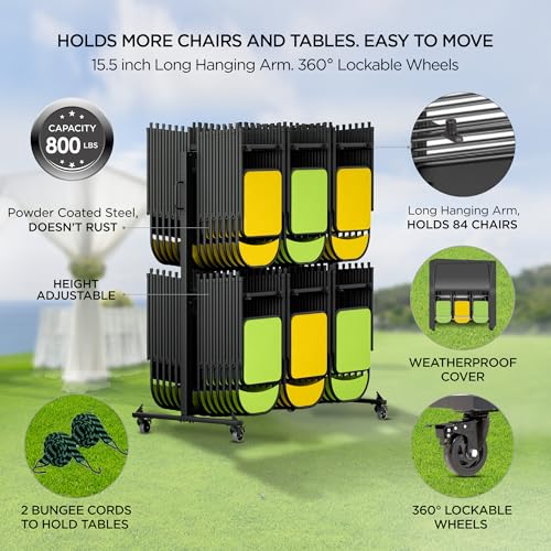 Folding Chair Rack Folding Chair Cart Folding Chair Storage Dolly with Wheels and Holder for 84 Chairs or 12 Tables of 800 LBS Capacity Includes Weatherproof Cover