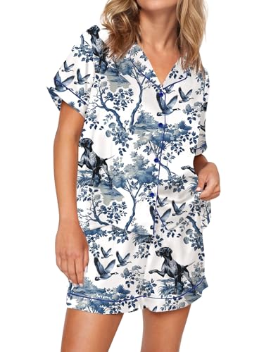 Image of SHESHOW Satin Pajamas for Women Set Preppy Animals Pjs Short Sleeve Shorts 2 Piece Loungewear Sets XS-XXL