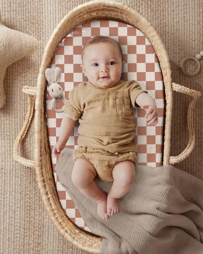 Image of Blissful Diary Muslin Bassinet Sheets, 2 Pack, Brown Checkboard & Brown | fitted for bassinet mattress, soft and breathable cotton, boho style, easy care for machine wash, gift for boy and girl