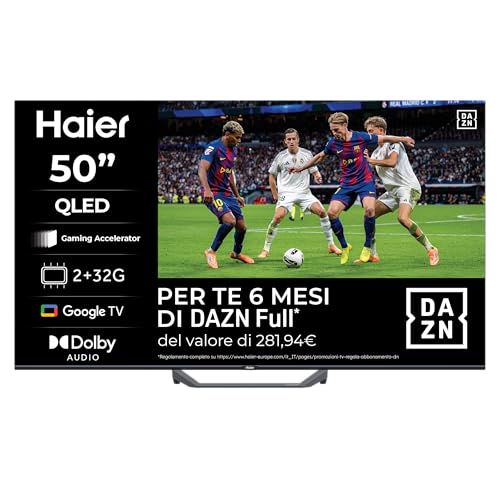 Haier Smart TV 50' QLED 4K Ultra HD S81 Series, Google TV, Dolby Audio, Gaming 120Hz DLG, HDMI 2.1, Chromecast Integrato, Bluetooth 5.1, Design Senza Bordi, Telecomando Vocale