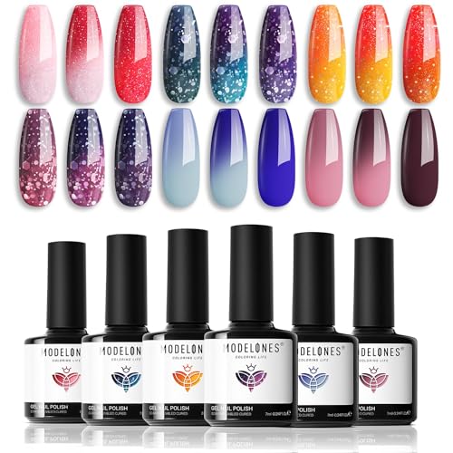 Modelones Set di Smalti Gel che Cambiano Colore, 6 Colori Rosso Rosa Glitter Blu Viola Temperatura dell'umore Cambiamento Smalto Gel Set