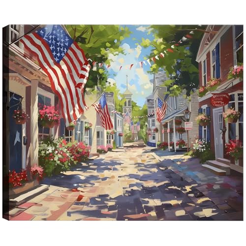 Image of Framed Patriotic Small Town USA Wall Art, American Flag Street Canvas Art Pictures, Vintage Main Street Wall Decor for Living Room Entryway Dining Room, Ready to Hang Made in USA