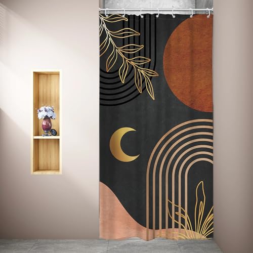 Image of Riyidecor Small Stall Dark Brown Abstract Boho Shower Curtain for Bathroom Decor 36Wx72H Mid Century Minimalist Modern Geometric Gold Palm Leaves Arch Simple Fabric Waterproof Polyester 7 Pack Hooks