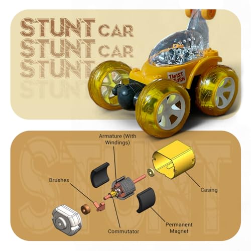 Image of Remote Control Stunt Car for Kids, 360 Spins RC Off-Road Monster Truck, 4WD Rock Crawler Vehicle with LED Lights, Rechargeable Battery, Shockproof Design (Yellow, 9802)