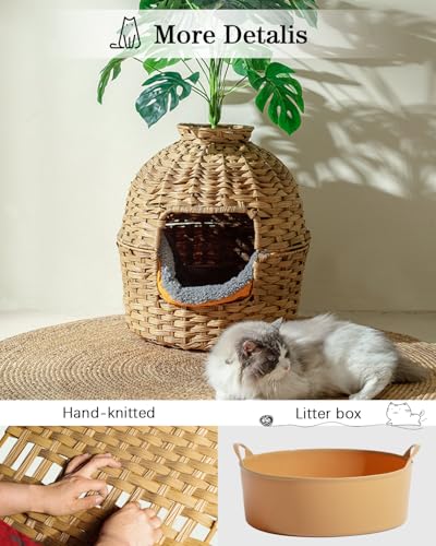Image of SETVSON Cat Litter Box Plant Furniture Enclosure, Hidden Handwoven Rattan with Cat Litter Box and Artificial Plants, Odor Control Filter, Real Stones in Living Room, Bedroom, Corner Natural