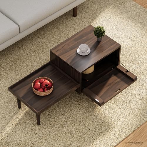Image of KOVA Solid Sheesham Wood Coffee Table & Centre Table for Living Room with Lift-Down Shutter Storage and Open Side Tray (Dotted, Walnut Finish)