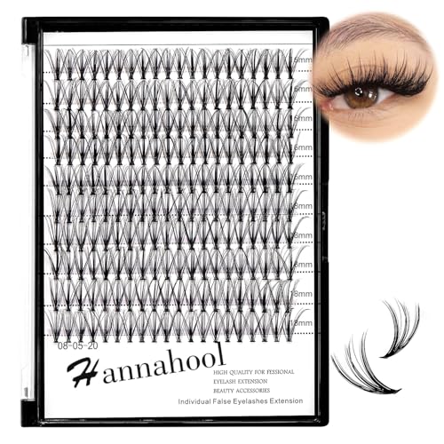 Hannahool 200Pcs 20Roots Individual False Lashes Mixed 8-10-12-14mm/9-11-13-15mm/10-12-14-16mm/16-18mm/18-20mm 0.07 Thickness Natural Cluster Lashes Makeup Volume Eye Lashes Extensions (16+18mm)