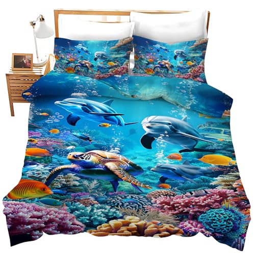 Lovira Ocean Sea Tutrle Beach Dolphin Theme 3 Pieces Duvet Cover Comforter Set with 2 Pillowcase Twin Size Nautical Fish Bed Sheet Quilt Bedroom Bedding for Lover Kids