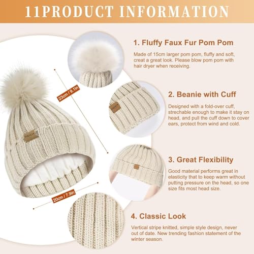 Mis.Moon Wintermütze Damen Schal & Handschuh-Sets ,Beanie Mütze Damen Winter mit Bommel Fleece Gefütterte,Warm Schal Mütze Handschuhe,Schal Wärmer Mütze 3 in 1 Set
