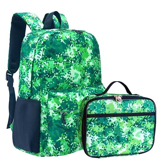 Fenrici Mochila e lancheira para crianças, mochila escolar com compartimento para laptop, lancheira isolada, conjunto combinando, Pixel verde, Large, Laptop