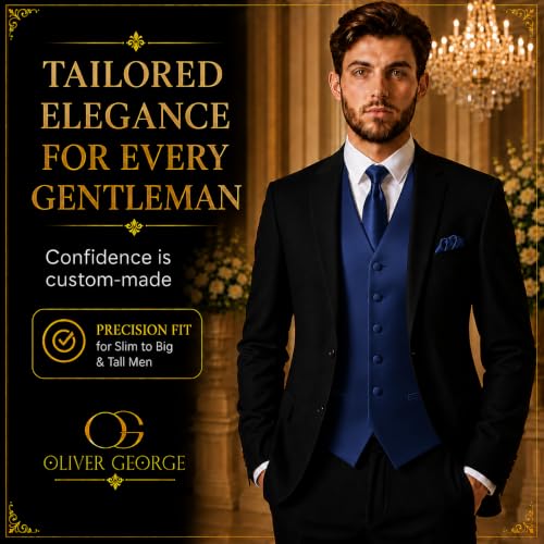 Image of Oliver George 4pc Men's Solid Formal Suit Waistcoat Tuxedo Dress Vest Necktie Bowtie Handkerchief Set for Suit or Tuxedo