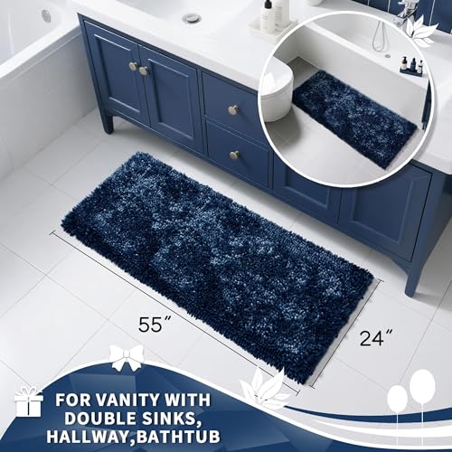 Image of Yimobra Long Bathroom Rugs Runner 55x24 Inch, Extra Thick Soft Absorbent Chenille Bath Mat, Non Slip Machine Washable, Quick Dry Bath Rugs for Bathroom Floor, Tub and Shower, Peacock Blue